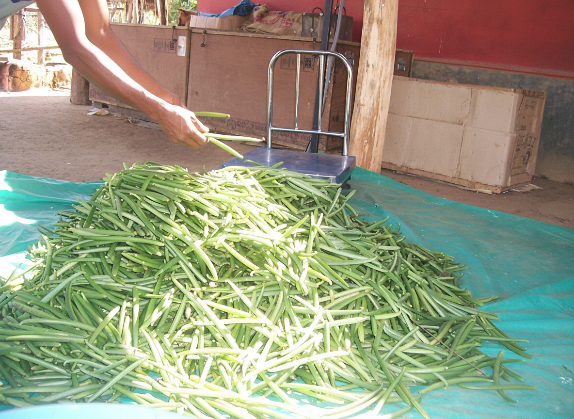Fresh green vanilla beans harvest