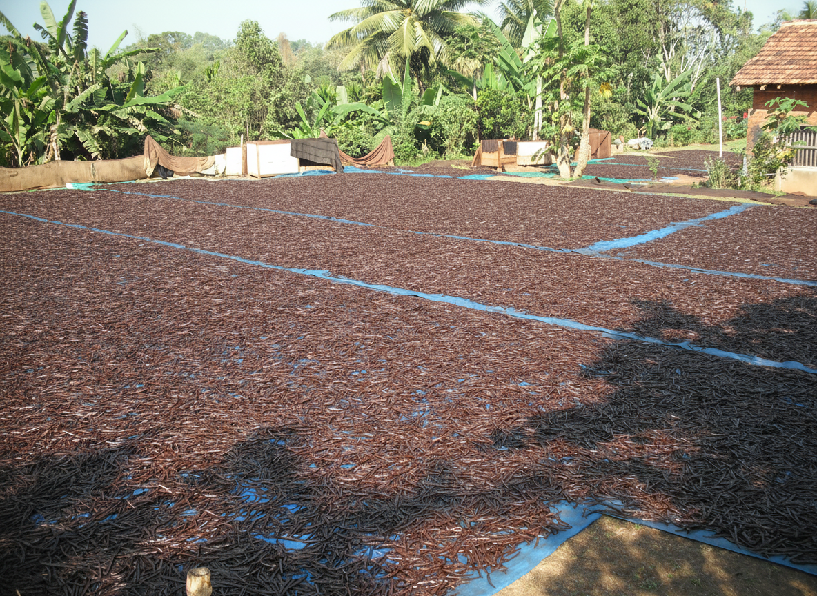 Vanilla beans drying in the sun